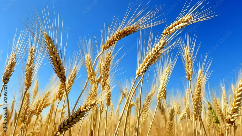 Golden wheat sways gently in the warm sunlight under a clear blue sky during a summer day in a rural field Golden wheat sways gently in the warm sunlight under a clear blue sky during a summer day in a rural field