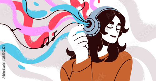 Girl listening to music. Young happy woman in headphones. Female in head phones, smiling and enjoying favorite tune, song, melody, playlist. Calm relaxing sound track, audio. Flat vector illustration
