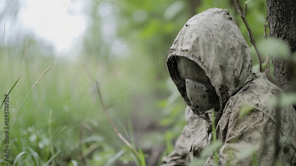 Mysterious figure in a muddy hooded cloak sitting in the wilderness creating an eerie atmosphere : Generative AI Mysterious figure in a muddy hooded cloak sitting in the wilderness creating an eerie atmosphere : Generative AI
