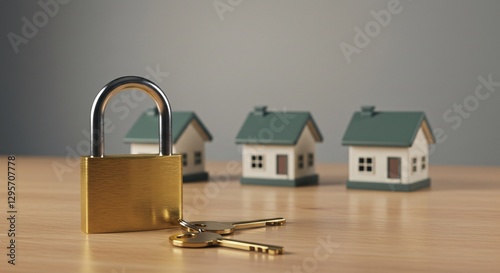Padlock and wooden houses. Security concept. Insurance. Security and alarm systems, video surveillance, motion and burglary sensors.
 photo