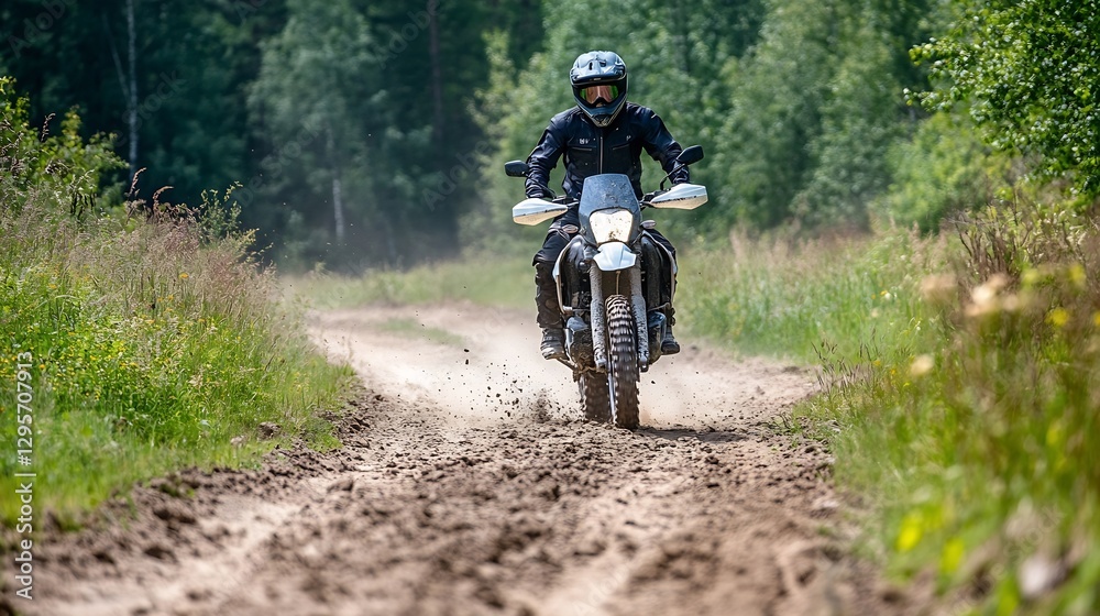 Adventurous motorcyclist riding on a rugged dirt trail through the woods : Generative AI Adventurous motorcyclist riding on a rugged dirt trail through the woods : Generative AI