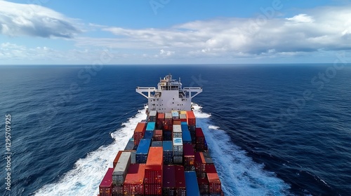 Aerial view of a cargo ship navigating through calm ocean waters loaded with colorful containers : Generative AI