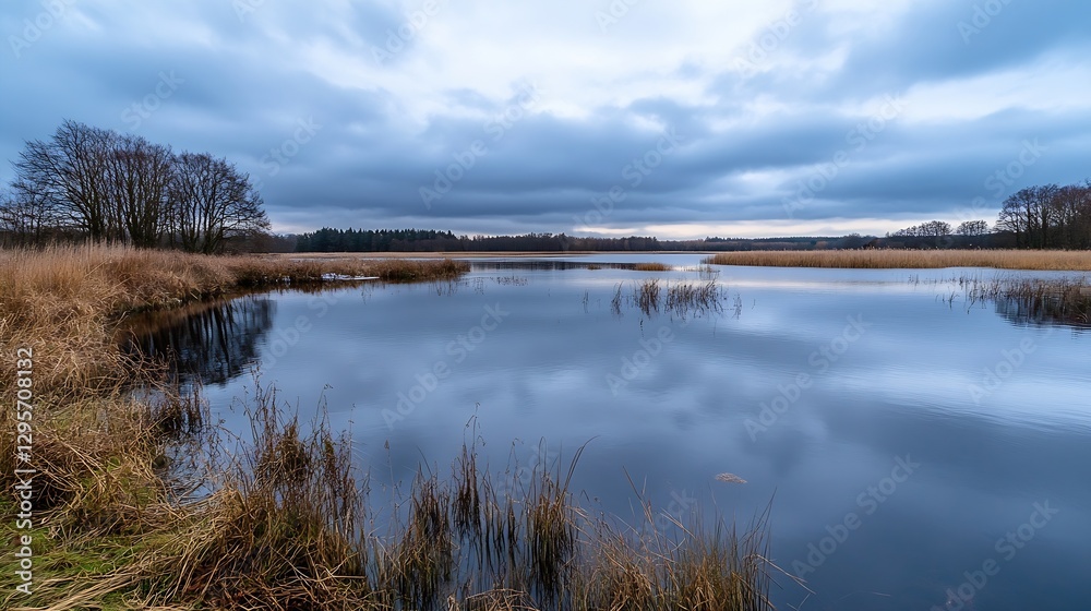 Fototapeta premium Serene view of calm water reflecting clouds and trees in a peaceful natural landscape under a cloudy sky : Generative AI