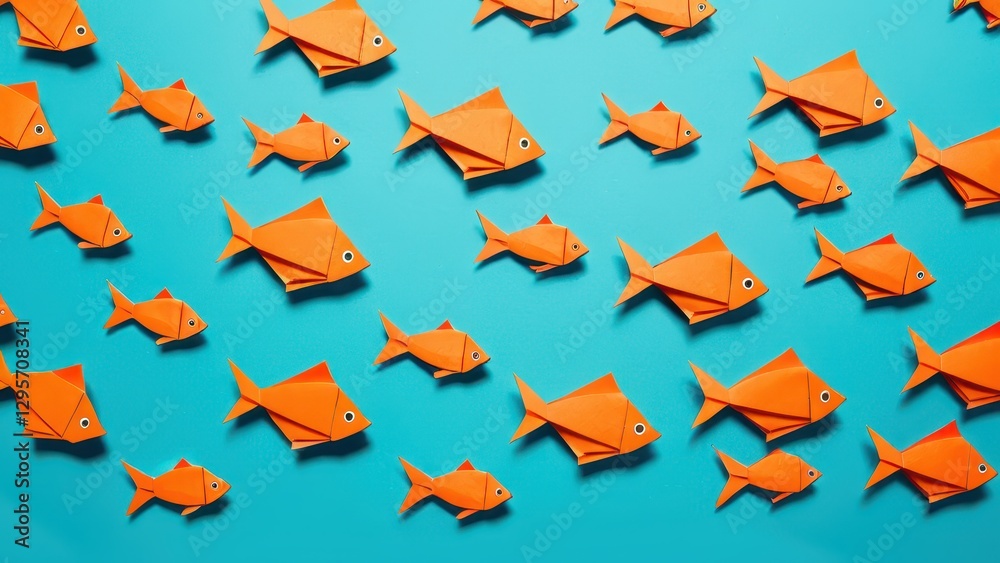 Fototapeta premium a vibrant school of orange origami fish swimming against a blue background