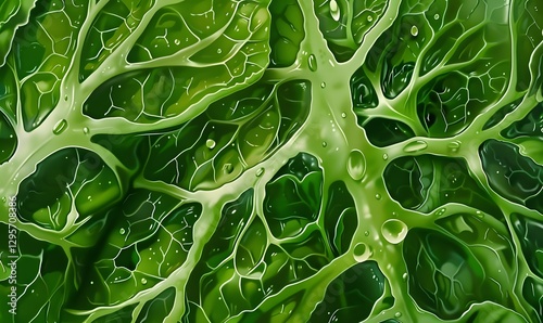 Vibrant Hydroponic Arugula with Intricate Leaf Structure and Soft Light Reflections