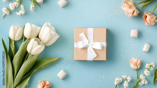 Turquoise background with tulip petals and tulip flowers with a gift box ,  copy space and text space for greeting and wishing card 