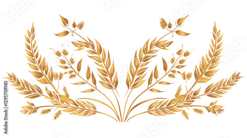 Golden wheat stalks forming elegant symmetrical arrangement on transparent background
