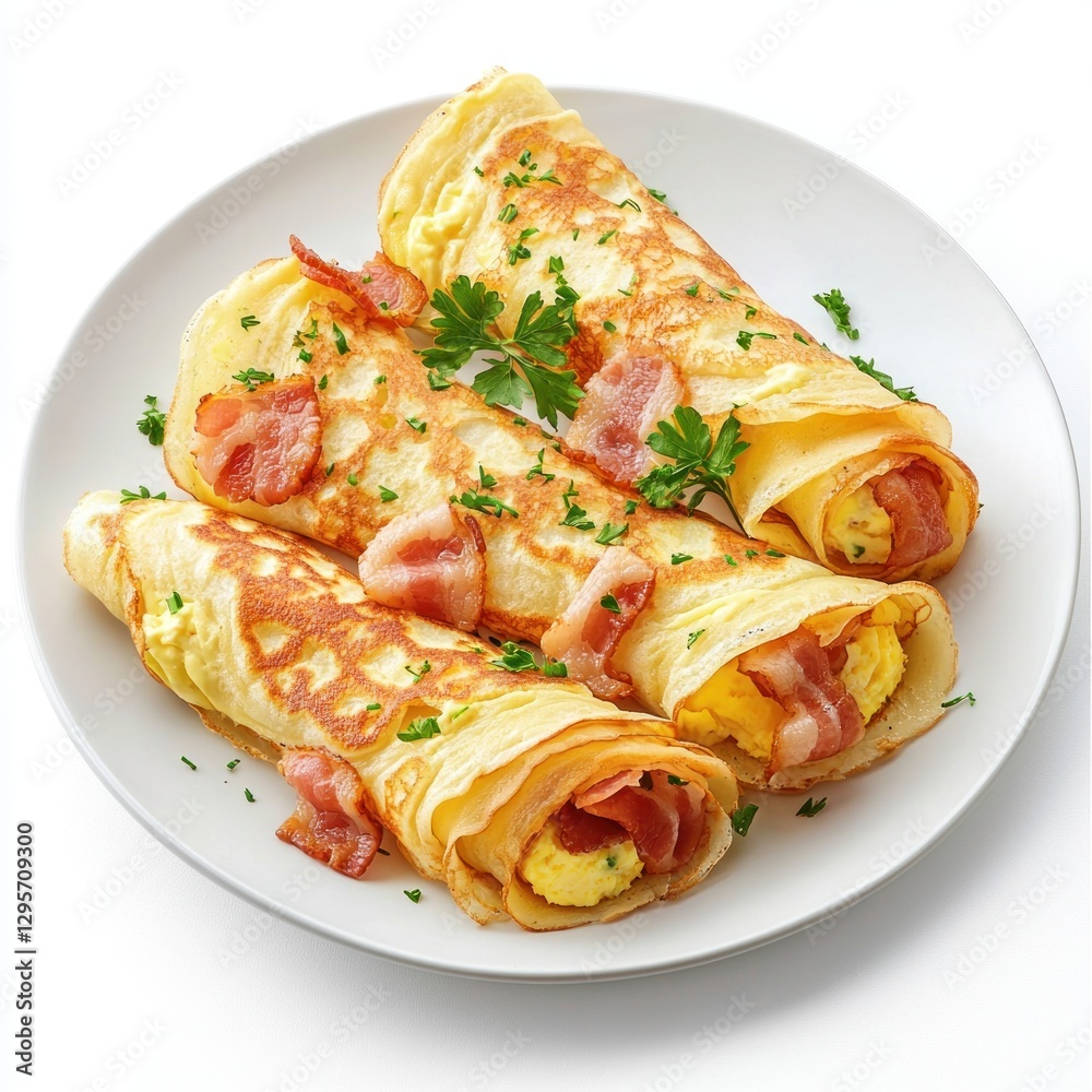 A view of a plate of savory bacon and egg crepes, rolled and garnished with fresh parsley A view of a plate of savory bacon and egg crepes, rolled and garnished with fresh parsley