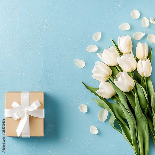 Turquoise background with tulip petals and tulip flowers with a gift box ,  copy space and text space for greeting and wishing card 