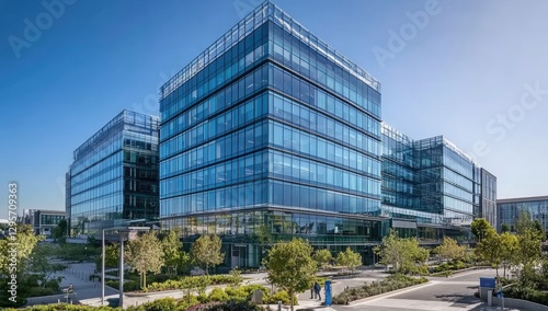 Modern office buildings, sunny day, landscaped grounds, city business district