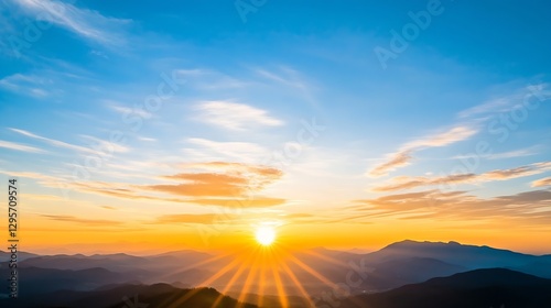 Spectacular sunset over a mountain range with vibrant colors and striking silhouettes casting shadows : Generative AI photo