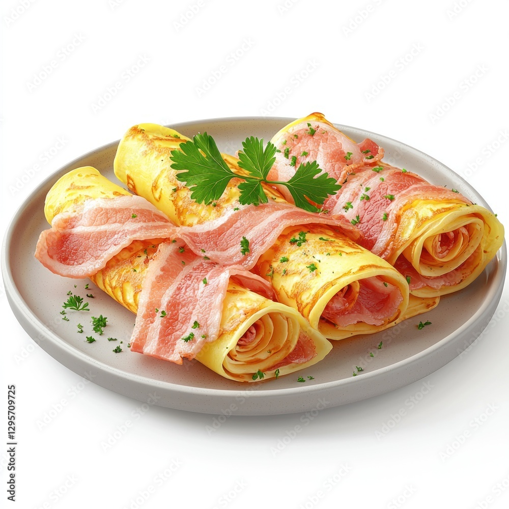 A view of a plate of savory bacon and egg crepes, rolled and garnished with fresh parsley A view of a plate of savory bacon and egg crepes, rolled and garnished with fresh parsley