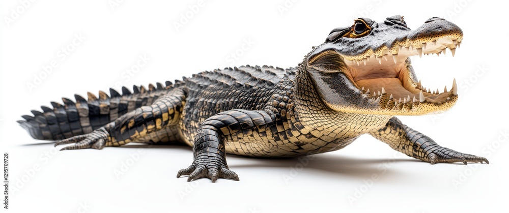 Fototapeta premium Realistic depiction of a crocodile with an open mouth showcasing its sharp teeth on a white background ideal for educational and wildlife themes