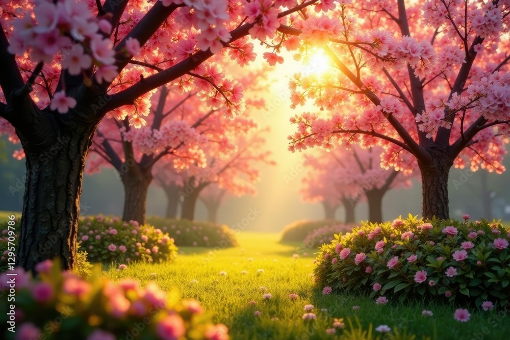 Naklejka premium Golden light filters through blossoming cherry trees, morning light, warm glow, garden