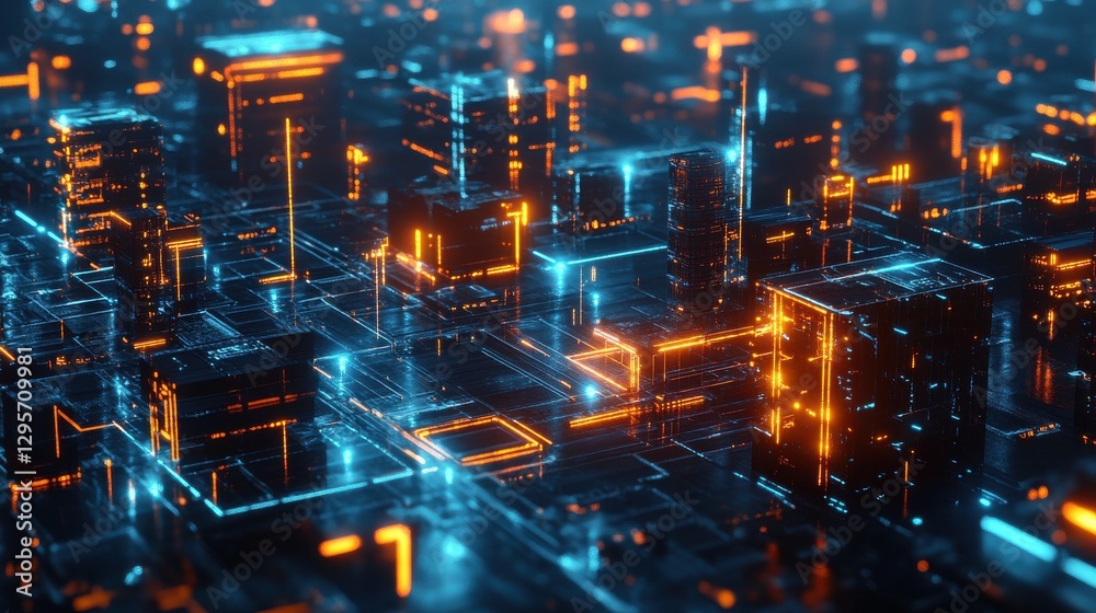 Futuristic Power Grid Network with Glowing Lights at Night Futuristic Power Grid Network with Glowing Lights at Night