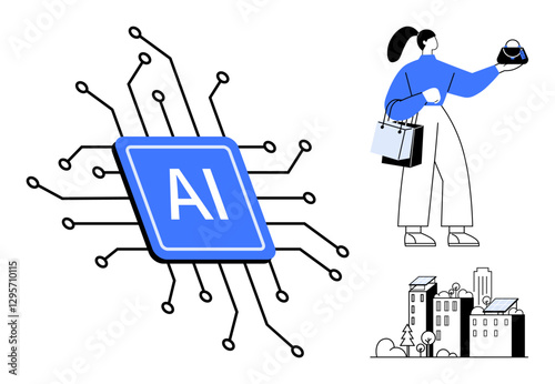 Woman holding a sphere, shopping bag in hand, standing beside buildings and AI chip with circuits. Ideal for technology, innovation, urban living, artificial intelligence, future cities, smart