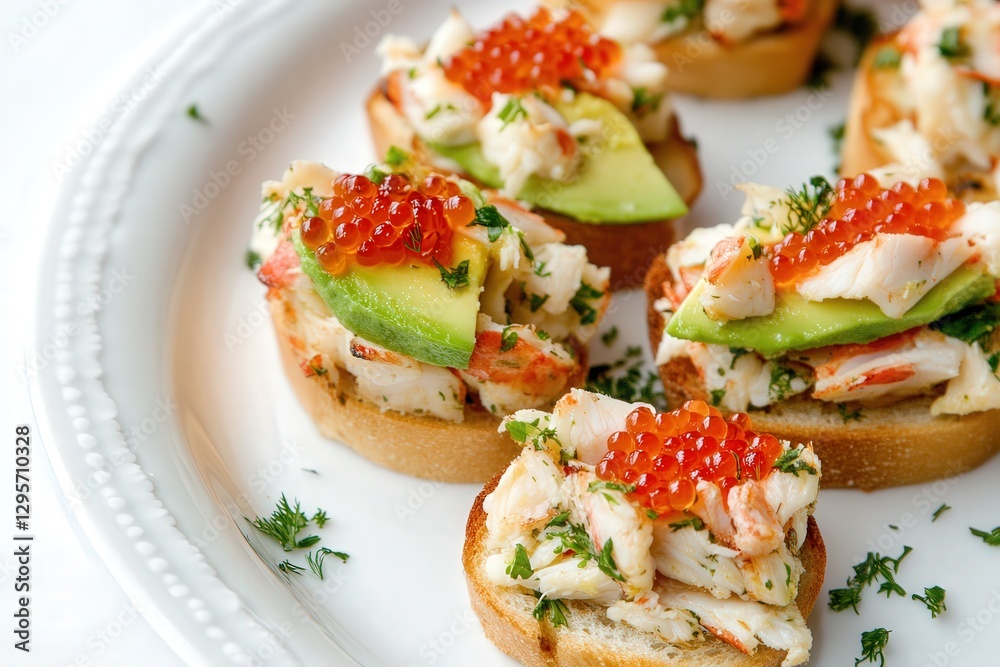 Mini sandwiches with crab meat, avocado slice, and red caviar on a white plate. Crisp toast with generous crab, ripe avocado, and glistening caviar. Mini sandwiches with crab meat, avocado slice, and red caviar on a white plate. Crisp toast with generous crab, ripe avocado, and glistening caviar.