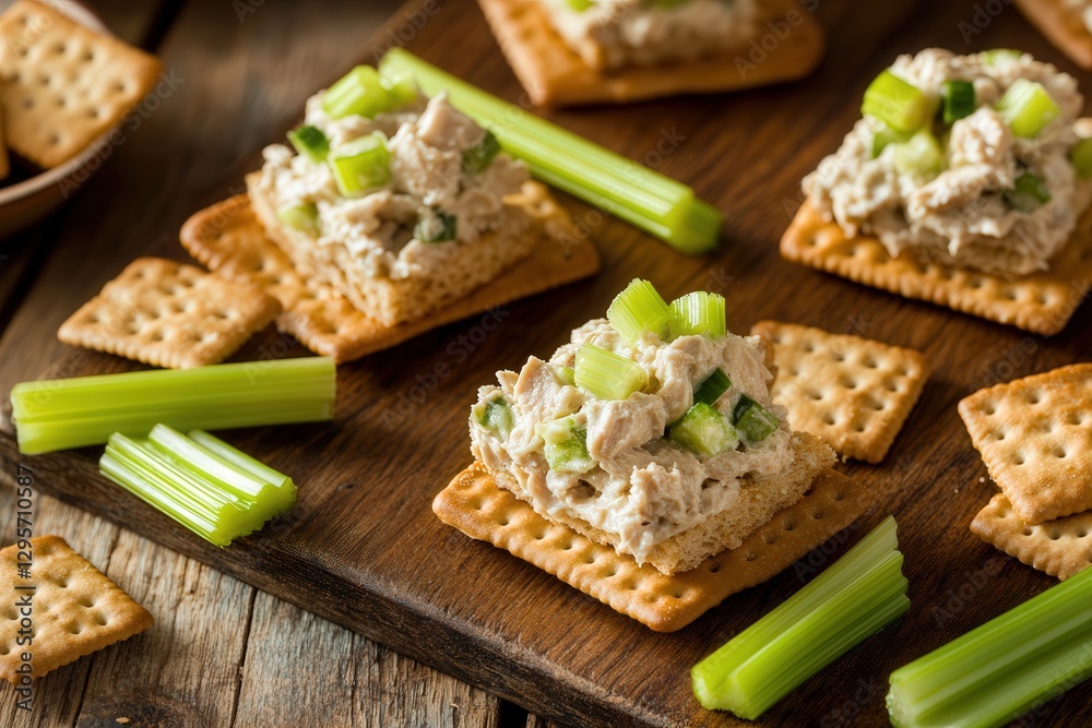 Asymmetrical layout of cracker sandwiches with tuna salad and celery on a rustic wooden board. Off-center sandwiches with scattered celery sticks, tuna salad, and crackers add dynamism. Asymmetrical layout of cracker sandwiches with tuna salad and celery on a rustic wooden board. Off-center sandwiches with scattered celery sticks, tuna salad, and crackers add dynamism.