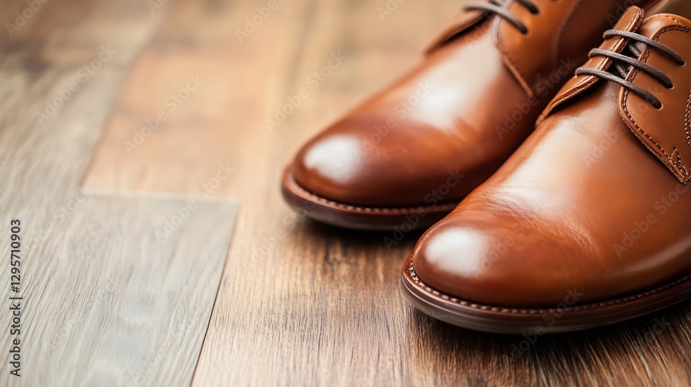 Close Up of Stylish Brown Leather Shoes on Wooden Floor : Generative AI Close Up of Stylish Brown Leather Shoes on Wooden Floor : Generative AI