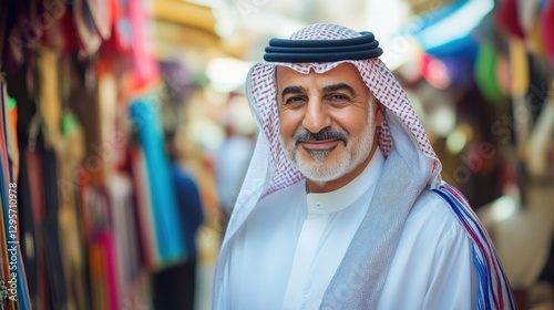 Wallpaper Mural Portrait of a Confident Arabic Man in Traditional Attire, Smiling in a Colorful Market Alley Surrounded by Vibrant Textiles and Cultural Vibes Torontodigital.ca