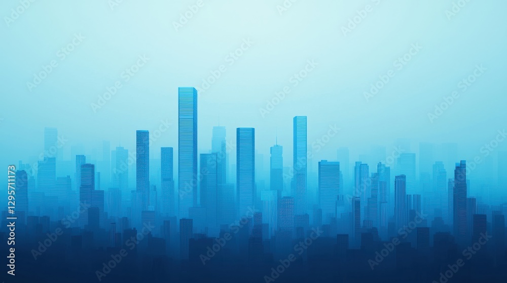 Fototapeta premium A misty city skyline with tall buildings, enveloped in a calming blue hue, creating a serene yet urban atmosphere.