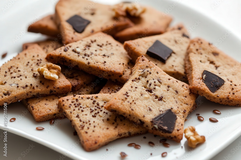 Elegant Shaped Cookies with Chocolate Chunks, Walnuts, and Flax Seeds in Minimalist Editorial Style Elegant Shaped Cookies with Chocolate Chunks, Walnuts, and Flax Seeds in Minimalist Editorial Style
