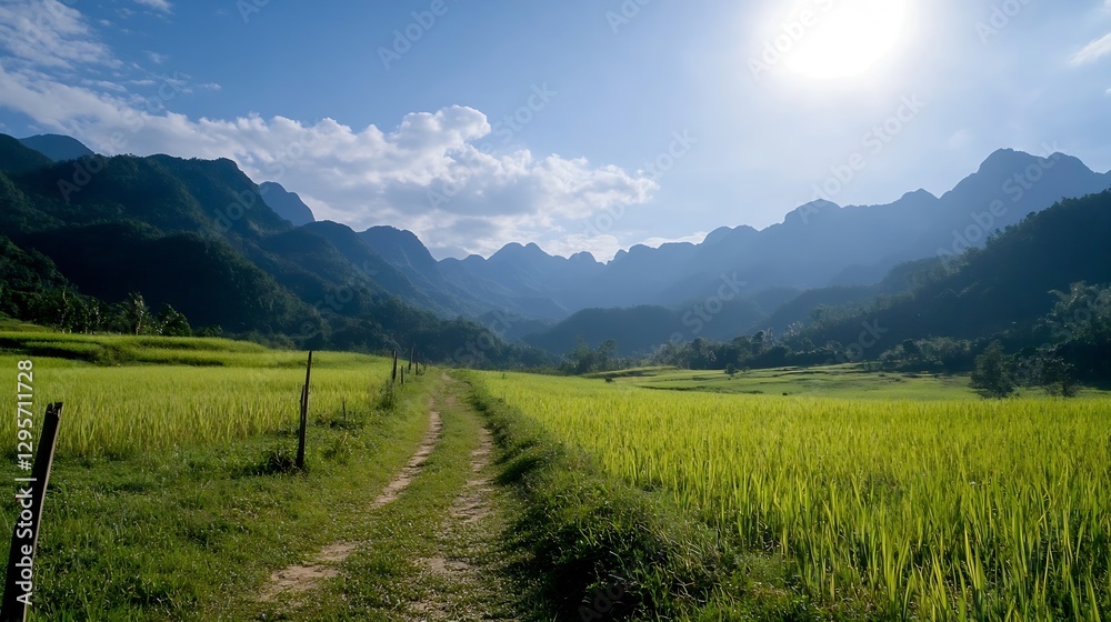Fototapeta premium Breathtaking Landscape View of Large Mountains and Lush Green Rice Fields Under a Blue Sky : Generative AI