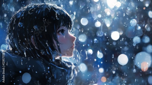 Young Woman in Rain and Snow at Night
