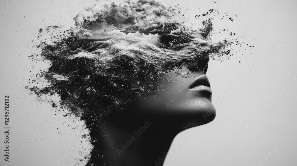 Abstract Monochrome Portrait of a Woman Disintegrating into Particles Abstract Monochrome Portrait of a Woman Disintegrating into Particles