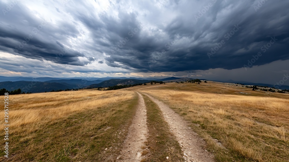 Scenic Mountain Road Under Dramatic Dark Clouds Amidst Nature : Generative AI Scenic Mountain Road Under Dramatic Dark Clouds Amidst Nature : Generative AI