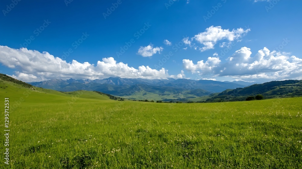 Fototapeta premium Expansive green landscape with rolling hills and blue sky filled with fluffy clouds showcasing natural beauty : Generative AI
