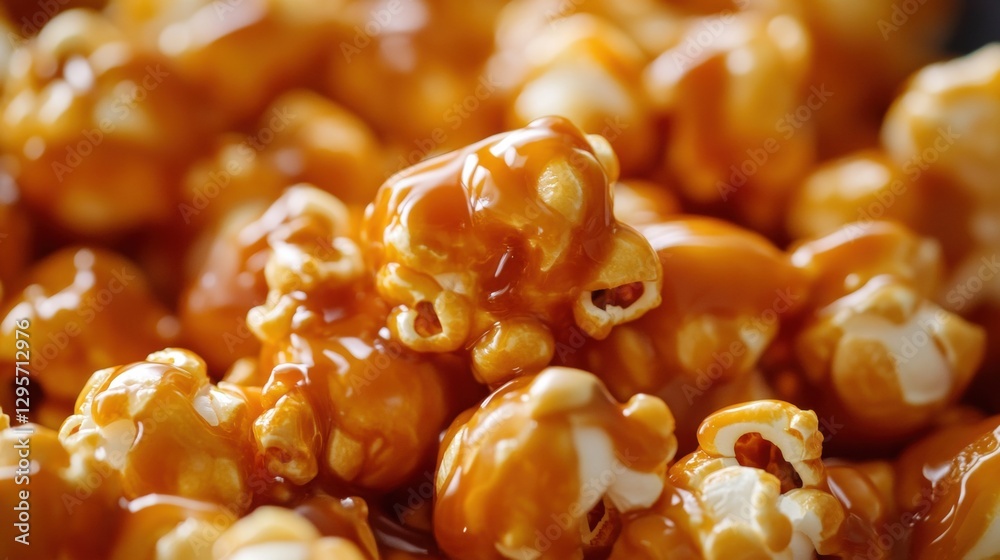 Caramel popcorn in extreme close-up, highlighting the glossy coating and crunchy texture. Caramel popcorn in extreme close-up, highlighting the glossy coating and crunchy texture.