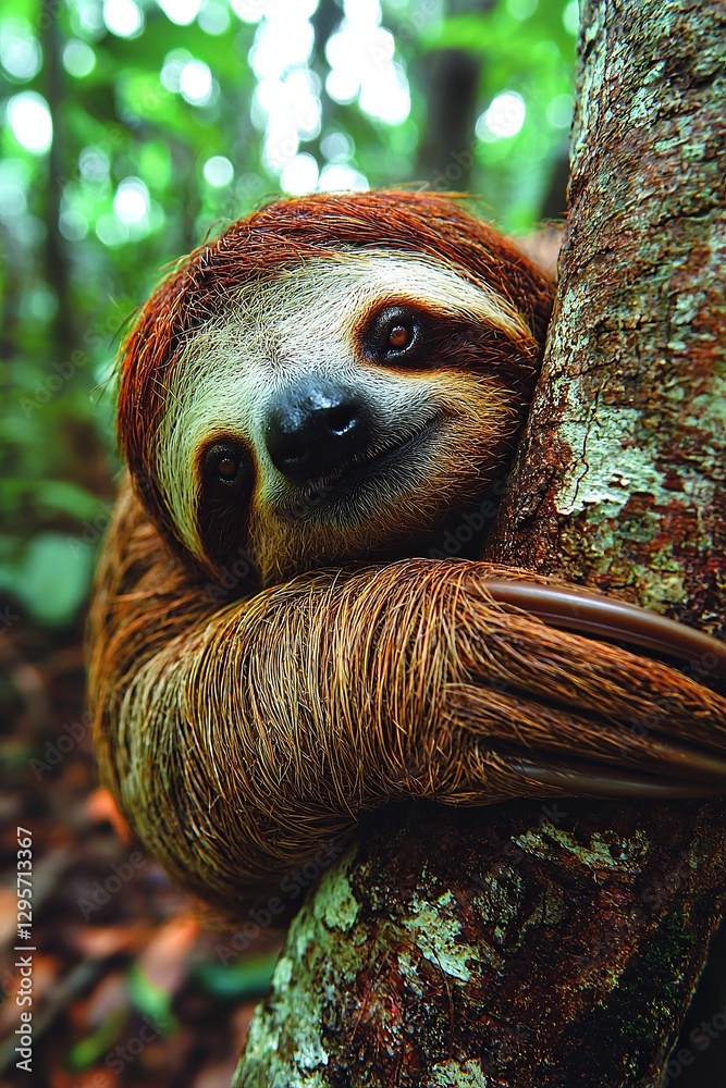 Fototapeta premium A sloth is hanging upside down on a tree
