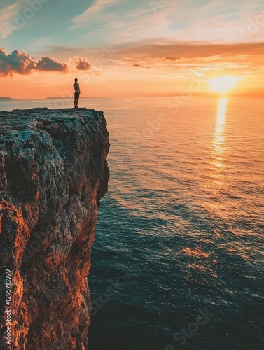 Contemplation at Sunset: A solitary figure stands on the precipice of a cliff, gazing out at a mesmerizing sunset over the calm ocean, embodying serenity and introspection.