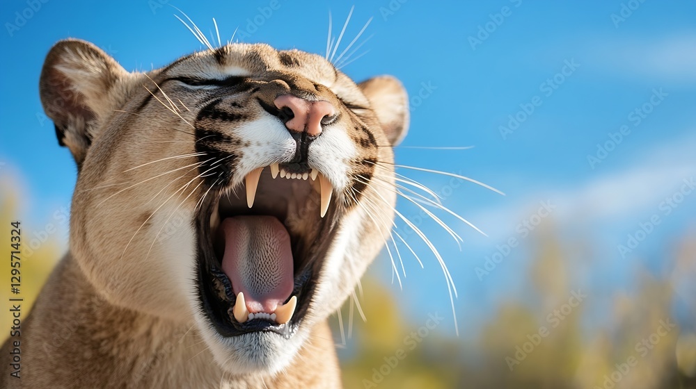 Obraz premium Majestic Lioness Roaring Under a Bright Blue Sky Creating an Intense Animal Portrait : Generative AI