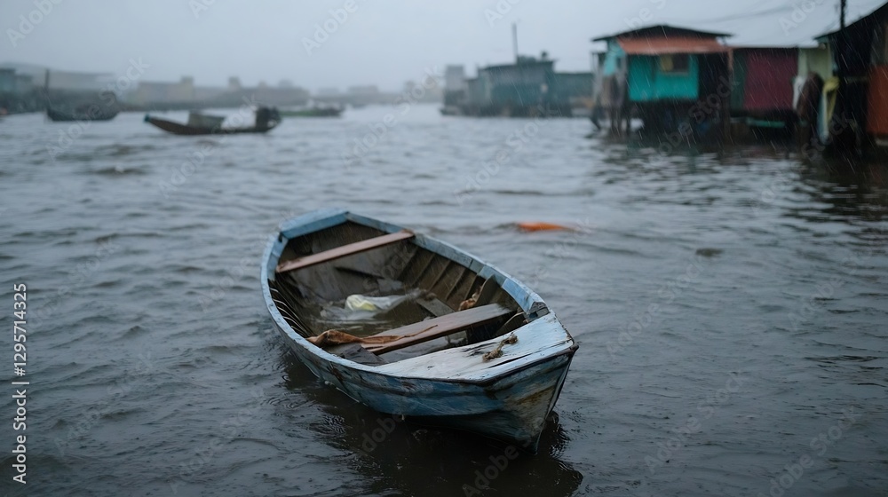 Lonely Weathered Boat Floating in Rainy Waters of a Fishing Village : Generative AI Lonely Weathered Boat Floating in Rainy Waters of a Fishing Village : Generative AI