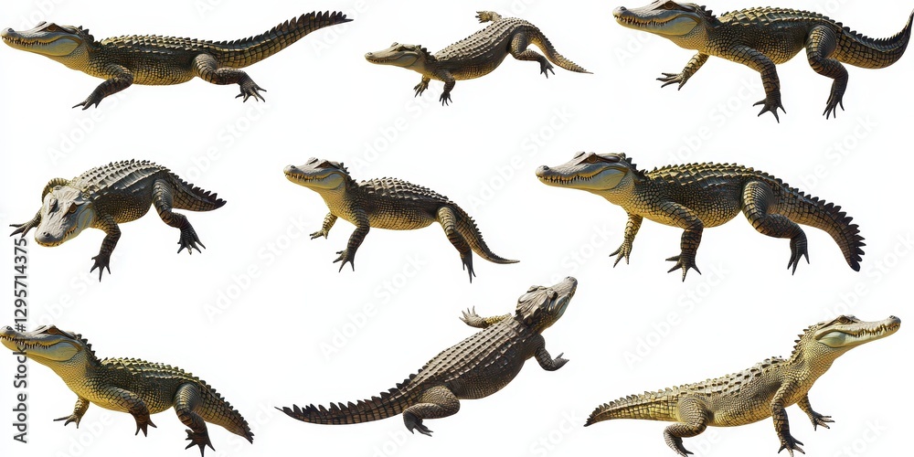 Fototapeta premium Realistic Illustrations of Different Crocodile Species in Various Poses for Educational and Artistic Use in Natural History Contexts