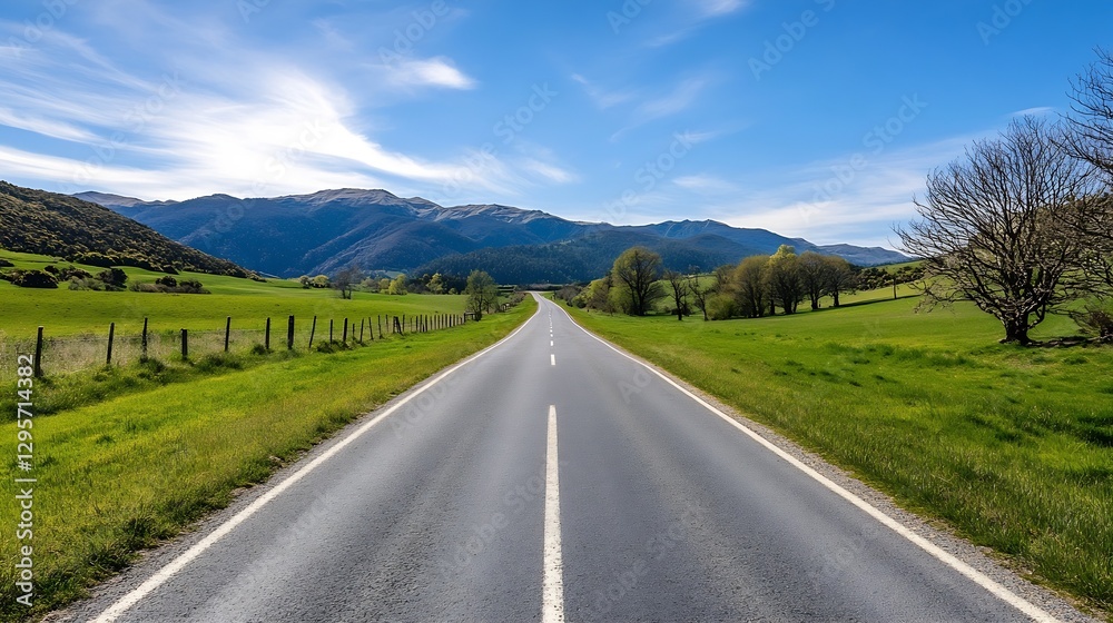 Fototapeta premium Wide open road stretching through lush green fields under a clear blue sky : Generative AI