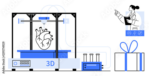 3D printer creating a human heart, scientist pointing towards progress, medical equipment, gift. Ideal for medical innovation, biotechnology, 3D printing, science communication, research technology