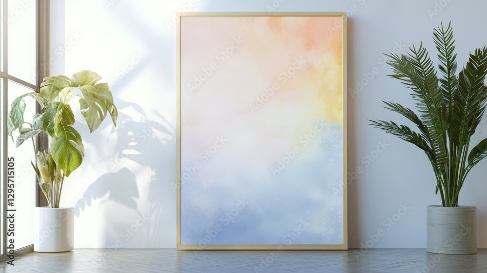 Modern art piece displayed in a bright room with large windows and indoor plants during the day Modern art piece displayed in a bright room with large windows and indoor plants during the day