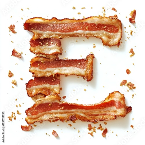 Crispy Bacon Letter E: A Delicious Alphabet!  Savory, golden-brown strips form the letter E against a white backdrop.  Bacon bits scattered. photo