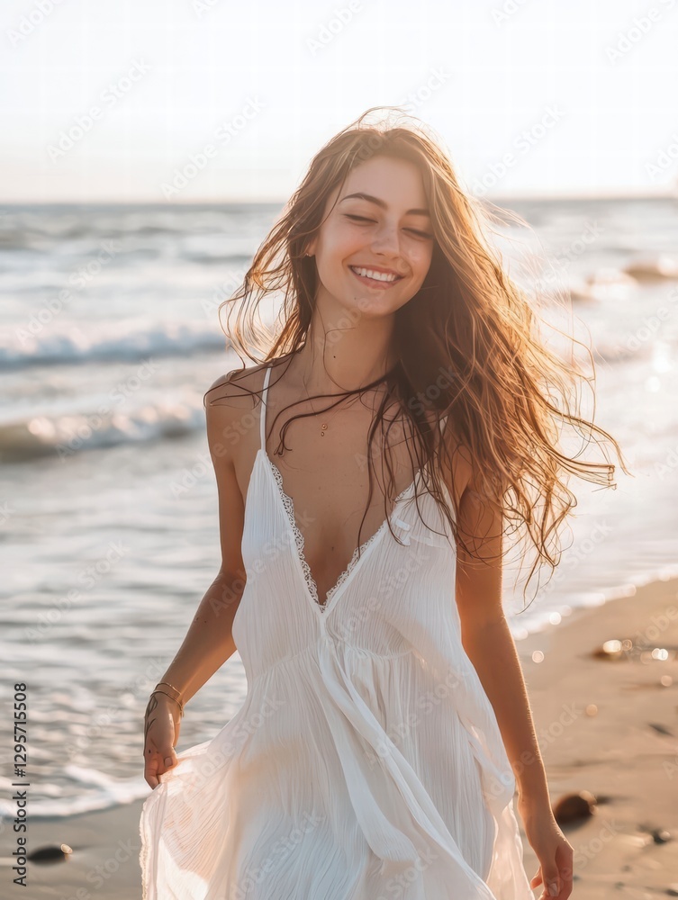 Golden Hour Serenity: A beautiful young woman with flowing hair, adorned in a flowing white dress, strolls along a tranquil sandy beach, bathed in the soft, warm light of the setting sun. Golden Hour Serenity: A beautiful young woman with flowing hair, adorned in a flowing white dress, strolls along a tranquil sandy beach, bathed in the soft, warm light of the setting sun.