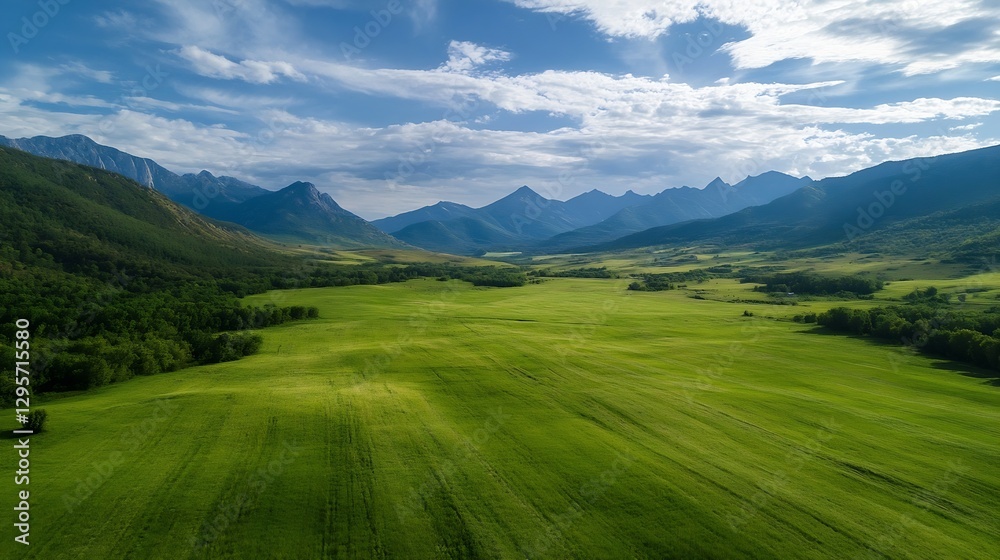 Vast Green Valley Scenic Landscape with Mountains Under a Blue Sky : Generative AI Vast Green Valley Scenic Landscape with Mountains Under a Blue Sky : Generative AI