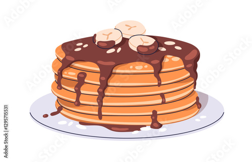 Pancakes stack with chocolate syrup dripping and banana topping. Sweet crepes dessert, american pan cakes served on plate. Breakfast dish, food. Flat vector illustration isolated on white background