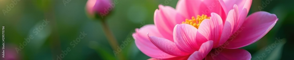 Pink peony's delicate form accentuated by bright yellow stamens, petals, shape Pink peony's delicate form accentuated by bright yellow stamens, petals, shape