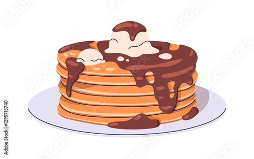 Pancakes stack with chocolate syrup dripping and ice-cream. Sweet crepes, dessert, pan cakes served on plate with choco and icecream topping. Flat vector illustration isolated on white background