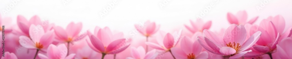Pink petals in a subtle gradient against white, bloom, serene landscape Pink petals in a subtle gradient against white, bloom, serene landscape