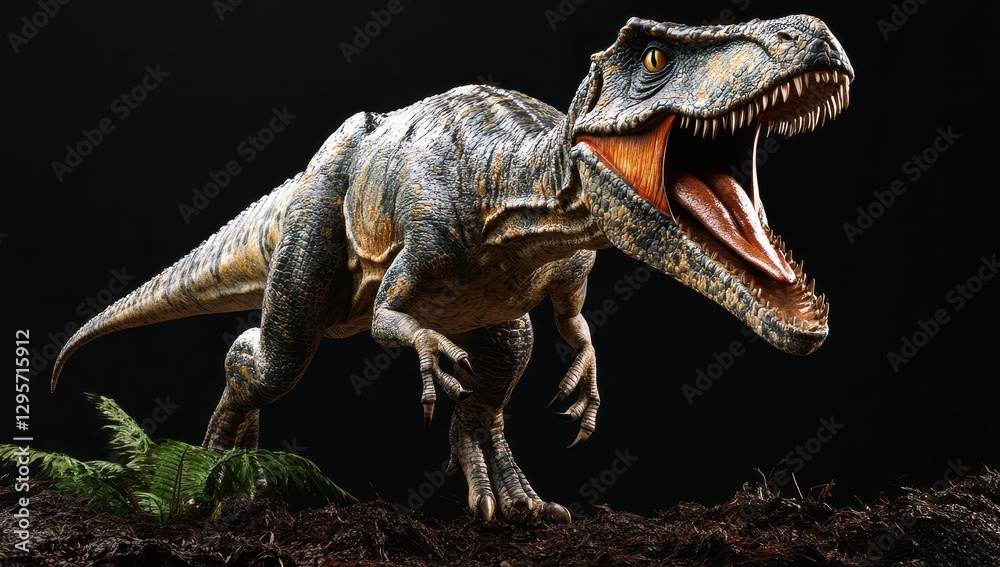 Obraz premium Realistic Tyrannosaurus Rex Model Roaring with Open Mouth Against Dark Background Surrounded by Ferns and Earthy Terrain