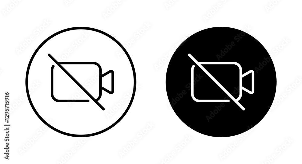Mute video outline icon on black circle. Off camera sign symbol Mute video outline icon on black circle. Off camera sign symbol