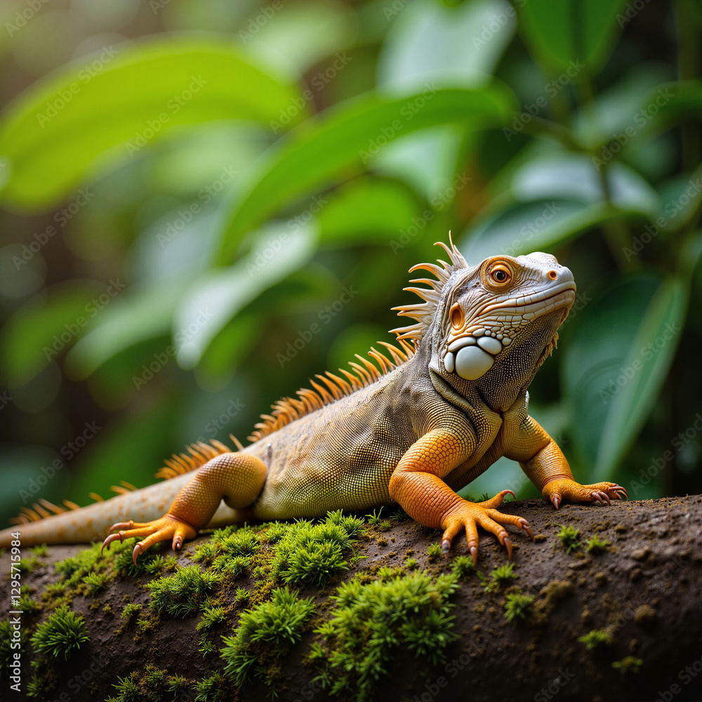 Fototapeta premium Iguana lying on a moss-covered rock in a humid tropical forest